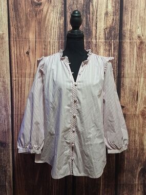 LC Lauren Conrad Pink & White Striped Ruffle-Shoulder Button Blouse Womens Large